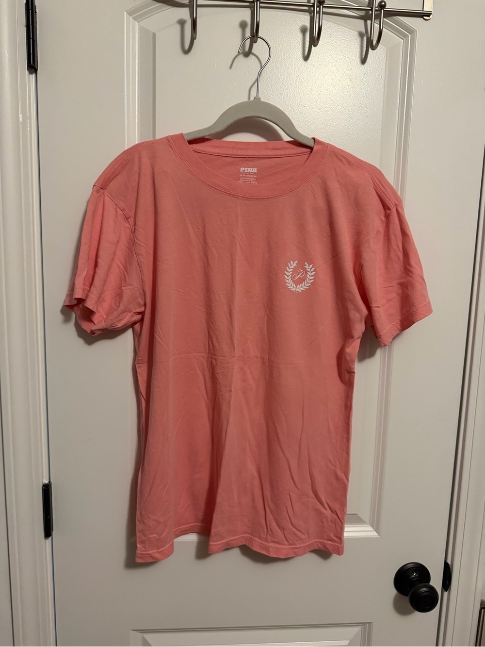 PINK Victoria's Secret Coral Pink Crew Neck Short Sleeve Tee with Laurel Crest